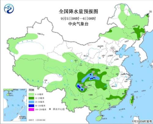 　图3 全国降水量预报图(9月5日08时-6日08时)