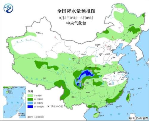 图2 全国降水量预报图(9月5日08时-9月6日08时)