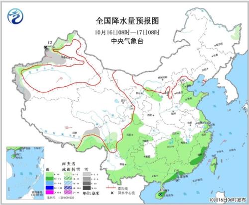 图2 全国降水量预报图(10月16日08时-17日08时)